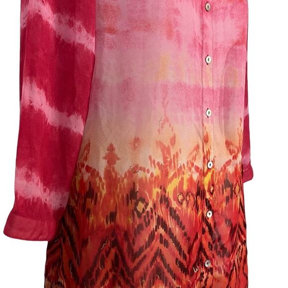 Chicos Pink Orange Button Down Sheer 3/4 Sleeve Long Line Top Shirt Blouse 0/ S - Picture 11 of 15